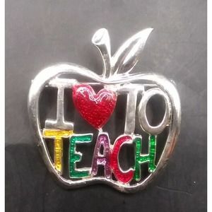 Silver Tone Apple Shape Teacher's Pin: I LOVE TO TEACH